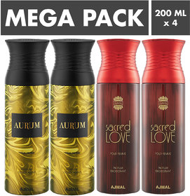 Ajmal Aurum & Sacred Love Deodorant Spray + 4 Testers Deodorant Spray  -  For Women (200 Ml, Pack Of 4)