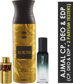 Ajmal Aurum 10Ml And Aurum Deo 200Ml & Prose Edp 20Ml Pack Of 3 (Total 230Ml) For Men & Women + 2 Parfum Testers