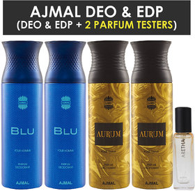 Ajmal 2 Blu & 2 Aurum Deo Each 200Ml & Aretha Edp 20Ml Pack Of 5 (Total 820Ml) For Men & Women + 2 Parfum Testers