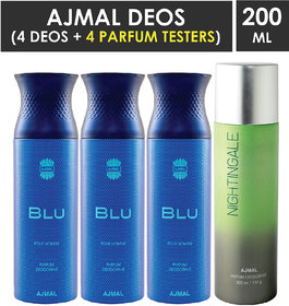 Ajmal 3 Blu Homme And 1 Nightingale Deodorants Each 200Ml Pack Of 4+2 Parfum Testers (4 Items In The Set)