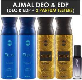 Ajmal 2 Blu & 2 Aurum Deo Each 200Ml & Ascend  Edp 20Ml Pack Of 5 (Total 820Ml) For Men & Women + 2 Parfum Testers