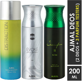 Ajmal 1 Distraction ,1 Evoke Silver Edition Him And 1 Sacrifice Ii Deodorants For Unisex Each 200Ml Pack Of 3. (3 Items In The Set)