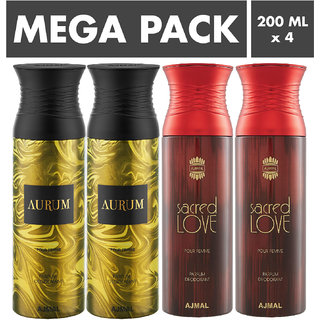 Ajmal Aurum & Sacred Love Deodorant Spray + 4 Testers Deodorant Spray  -  For Women (200 Ml, Pack Of 4)