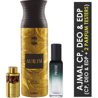 Ajmal Aurum 10Ml And Aurum Deo 200Ml & Prose Edp 20Ml Pack Of 3 (Total 230Ml) For Men & Women + 2 Parfum Testers