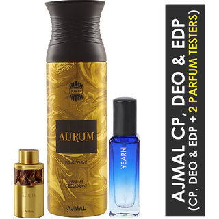 Ajmal Aurum 10Ml And Aurum Deo 200Ml & Yearn  Edp 20Ml Pack Of 3 (Total 230Ml) For Men & Women + 2 Parfum Testers