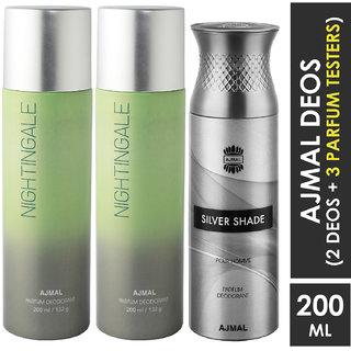                       Ajmal 2 Nightingale And 1 Silver Shade Deodorants For Unisex Each 200Ml Pack Of 3. (3 Items In The Set)                                              
