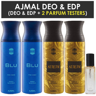 Ajmal 2 Blu & 2 Aurum Deo Each 200Ml & Aretha Edp 20Ml Pack Of 5 (Total 820Ml) For Men & Women + 2 Parfum Testers