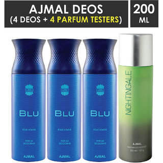                       Ajmal 3 Blu Homme And 1 Nightingale Deodorants Each 200Ml Pack Of 4+2 Parfum Testers (4 Items In The Set)                                              