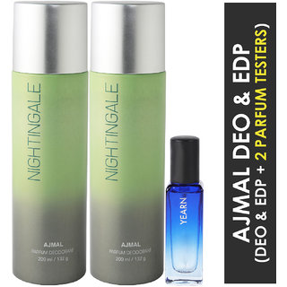                       Ajmal 2 Nightingale Deo Each 200Ml & Yearn  Edp 20Ml Pack Of 3 (Total 420Ml) For Men & Women + 2 Parfum Testers                                              