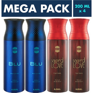 Ajmal Blu & Sacred Love Deodorant Spray + 4 Testers Deodorant Spray  -  For Men & Women (200 Ml, Pack Of 4)