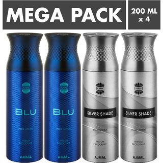                       Ajmal Blu & Silver Shade Deodorant Spray + 4 Testers Deodorant Spray  -  For Men (200 Ml, Pack Of 4)                                              