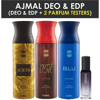                       Ajmal Aurum & Blu & Sacred Love Deo Each 200Ml & Ascend  Edp 20Ml Pack Of 4 (Total 620Ml) For Men & Women + 2 Parfum Testers                                              
