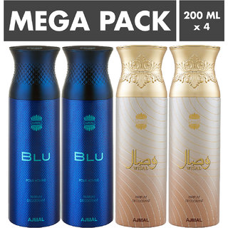                       Ajmal Blu & Wisal Deodorant Spray + 4 Testers Deodorant Spray  -  For Men & Women (200 Ml, Pack Of 4)                                              