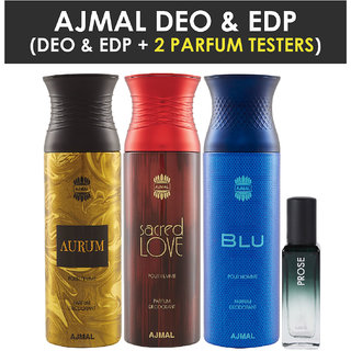                       Ajmal Aurum & Blu & Sacred Love Deo Each 200Ml & Prose Edp 20Ml Pack Of 4 (Total 620Ml) For Men & Women + 2 Parfum Testers                                              