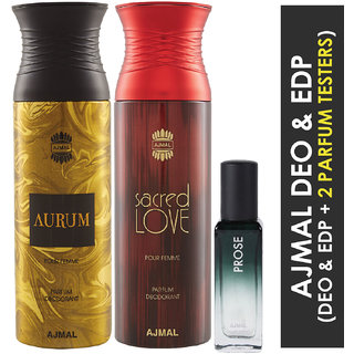                       Ajmal Aurum Femme & Sacredlove Deo Each 200Ml & Prose Edp 20Ml Pack Of 3 (Total 420Ml) For Men & Women + 2 Parfum Testers                                              