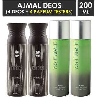                      Ajmal 2 Carbon And 2 Nightingale Deodorants Each 200Ml Pack Of 4+4 Parfum Testers (4 Items In The Set)                                              