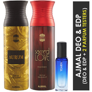                       Ajmal Aurum Femme & Sacredlove Deo Each 200Ml & Yearn  Edp 20Ml Pack Of 3 (Total 420Ml) For Men & Women + 2 Parfum Testers                                              