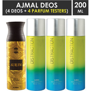 Ajmal 1 Aurum Femme And 3 Distraction Deodorants Each 200Ml Pack Of 4+2 Parfum Testers (4 Items In The Set)