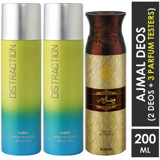 Ajmal 2 Distraction And 1 Wisal Dhahab Deodorants For Unisex Each 200Ml Pack Of 3. (3 Items In The Set)