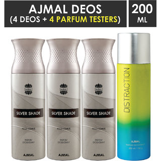                       Ajmal 3 Silver Shade And 1 Distraction Deodorants Each 200Ml Pack Of 4+4 Parfum Testers (8 Items In The Set)                                              
