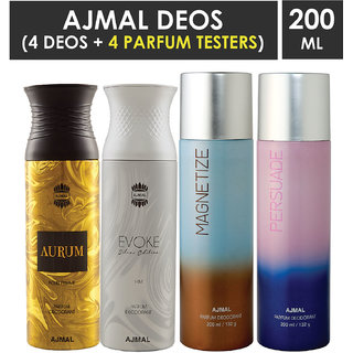 Ajmal 1 Aurum Femme ,1 Evoke Silver Edition Homme ,1 Magnetize And 1 Persuade Deodorants Each 200Ml Pack Of 4+2 Parfum Testers (4 Items In The Set)