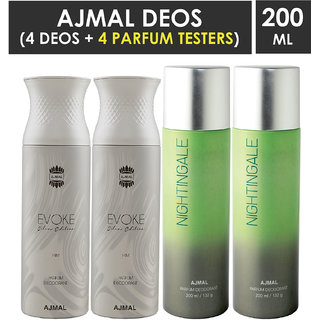                       Ajmal 2 Evoke Silver Edition And 2 Nightingale Deodorants Each 200Ml Pack Of 4+2 Parfum Testers (4 Items In The Set)                                              