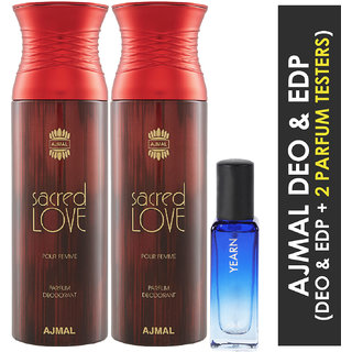 Ajmal 2 Sacred Love Deo 200Ml & Yearn  Edp 20Ml Pack Of 3 (Total 420Ml) For Men & Women + 2 Parfum Testers
