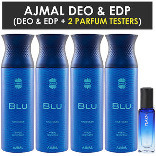 Ajmal 4 Blu Deo Each 200Ml & Yearn  Edp 20Ml Pack Of 5 (Total 820Ml) For Men & Women + 2 Parfum Testers