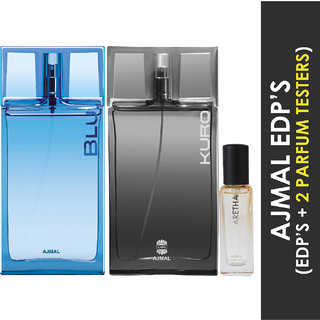                       Ajmal Blu And Kuro Edp Each Of 90Ml & Aretha Edp 20Ml Pack Of 3 (Total 200Ml) For Men & Women + 2 Parfum Testers                                              