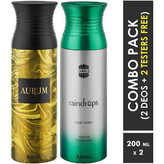                       Ajmal Aurum & Raindrops Deodorants + 2 Testers Deodorant Spray  -  For Women (400 Ml, Pack Of 2)                                              