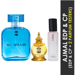                       Ajmal Blu Dreams Edp 100Ml And Mukhallat Al Wafa Cp 12Ml & Neea Edp 20Ml Pack Of 3 (Total 132Ml) For Men & Women + 2 Parfum Testers                                              
