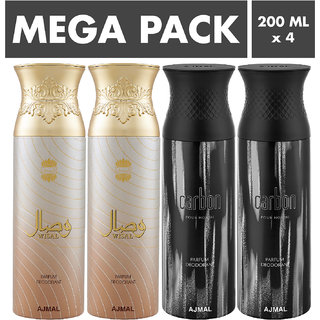                       Ajmal Wisal & Carbon Deodorant Spray + 4 Testers Deodorant Spray  -  For Men & Women (200 Ml, Pack Of 4)                                              