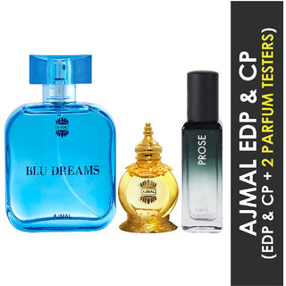                       Ajmal Blu Dreams Edp 100Ml And Mukhallat Al Wafa Cp 12Ml & Prose Edp 20Ml Pack Of 3 (Total 132Ml) For Men & Women + 2 Parfum Testers                                              