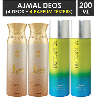                       Ajmal 2 Wisal And 2 Distraction Deodorants Each 200Ml Pack Of 4+4 Parfum Testers (4 Items In The Set)                                              