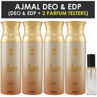                       Ajmal 4 Wisal Deo Each 200Ml & Aretha Edp 20Ml Pack Of 5 (Total 820Ml) For Men & Women + 2 Parfum Testers                                              