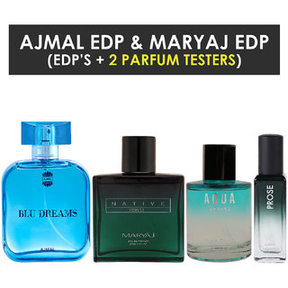 Ajmal Blu Dreams & Maryaj Aqua Brooke & Native Forest Edp Each 100Ml & Prose Edp 20Ml Pack Of 4 (Total 320Ml) For Men & Women + 2 Parfum Testers