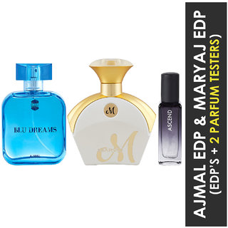                       Ajmal Blu Dreams Edp 100Ml & Maryaj Mwhite Edp 90Ml & Ascend  Edp 20Ml Pack Of 3 (Total 210Ml) For Men & Women + 2 Parfum Testers                                              