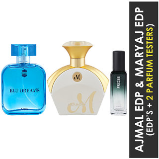                       Ajmal Blu Dreams Edp 100Ml & Maryaj Mwhite Edp 90Ml & Prose Edp 20Ml Pack Of 3 (Total 210Ml) For Men & Women + 2 Parfum Testers                                              