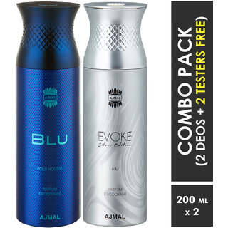                       Ajmal Blu & Evokesilverhim Deodorants + 2 Testers Deodorant Spray  -  For Men (400 Ml, Pack Of 2)                                              