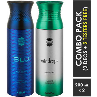                       Ajmal Blu & Raindrops Deodorants + 2 Testers Deodorant Spray  -  For Men & Women (400 Ml, Pack Of 2)                                              