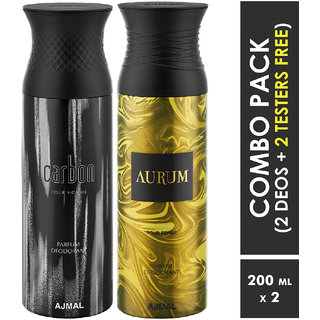                       Ajmal Carbon & Aurum Deodorants + 2 Testers Deodorant Spray  -  For Men & Women (400 Ml, Pack Of 2)                                              