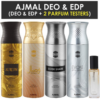 Ajmal Aurum & Wisal & Silver Shade & Evokesilver Edition Homme Deo Each 200Ml & Aretha Edp 20Ml Pack Of 5 (Total 820Ml) For Men & Women + 2 Parfum Testers Ajmal Aurum & Wisal & Silver Shade & Evokesilver Edition Homme Deo Each 200Ml & Aretha Edp 20Ml Pack Of 5 (Total 820Ml) For Men & Women + 2 Parfum Testers