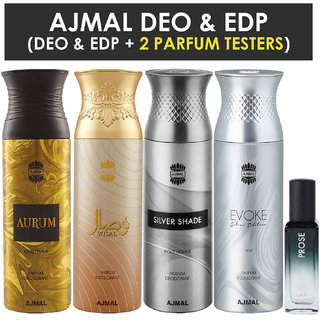                       Ajmal Aurum & Wisal & Silver Shade & Evokesilver Edition Homme Deo Each 200Ml & Prose Edp 20Ml Pack Of 5 (Total 820Ml) For Men & Women + 2 Parfum Testers                                              