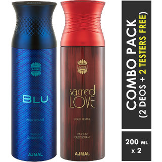                       Ajmal Blu Homme & Sacredlove Deodorant Spray + 2 Testers Deodorant Spray  -  For Men & Women (200 Ml, Pack Of 2)                                              