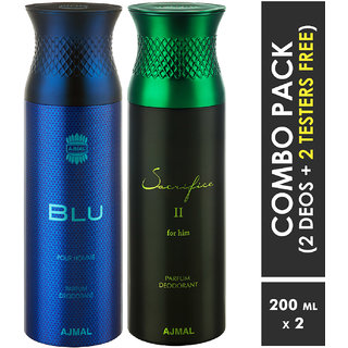 Ajmal Blu & Sacrifice Ii Him Deodorants + 2 Testers Deodorant Spray  -  For Men (400 Ml, Pack Of 2)