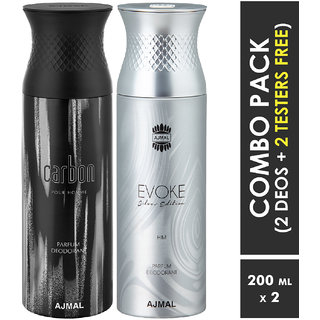                       Ajmal Carbon & Evokesilverhim Deodorants + 2 Testers Deodorant Spray  -  For Men (400 Ml, Pack Of 2)                                              