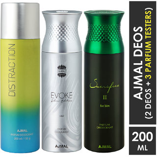 Ajmal 1 Distraction ,1 Evoke Silver Edition Him And 1 Sacrifice Ii Deodorants For Unisex Each 200Ml Pack Of 3. (3 Items In The Set)