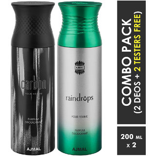                       Ajmal Carbon & Raindrops Deodorants + 2 Testers Deodorant Spray  -  For Men & Women (400 Ml, Pack Of 2)                                              