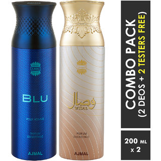                       Ajmal Blu Homme & Wisal Deodorant Spray + 2 Testers Deodorant Spray  -  For Men & Women (200 Ml, Pack Of 2)                                              