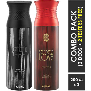                       Ajmal Carbon Homme & Sacredlove Deodorant Spray + 2 Testers Deodorant Spray  -  For Men & Women (200 Ml, Pack Of 2)                                              